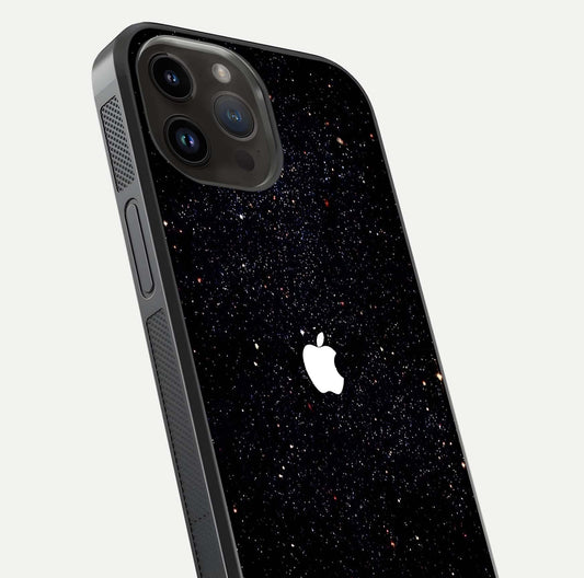 Starry Apple Galaxy Glass Case for iPhone 14 Pro Max close-up angled shot highlighting star details and gloss