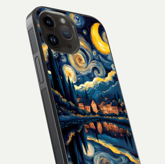 Starry Sky Serenity Glass Case for iPhone 14 Pro Max close-up angled shot highlighting light reflection and blue hues