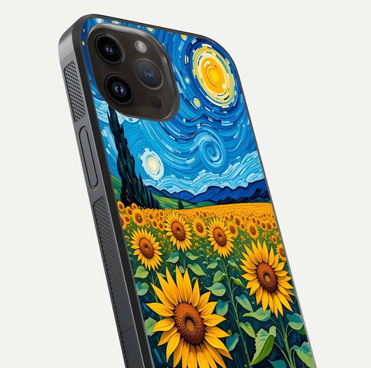Starry Sunflower Dreams Glass Case for iPhone 14 Pro Max close-up angled shot highlighting petal texture and gloss