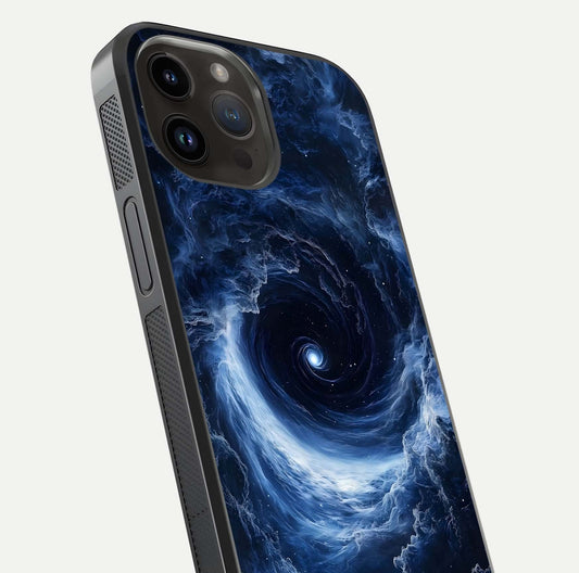 Stunning Galaxy Glass Case for iPhone 14 Pro Max close-up angled shot highlighting nebula tones and HD reflection