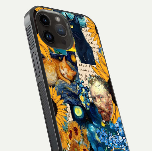 Sunflower Cat Art Glass Case for iPhone 14 Pro Max close-up angled shot highlighting yellow tones and art reflection