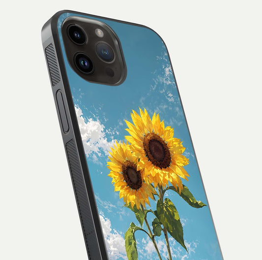 Sunflower Sky Bloom Glass Case for iPhone 14 Pro Max close-up angled shot highlighting petal details and reflection
