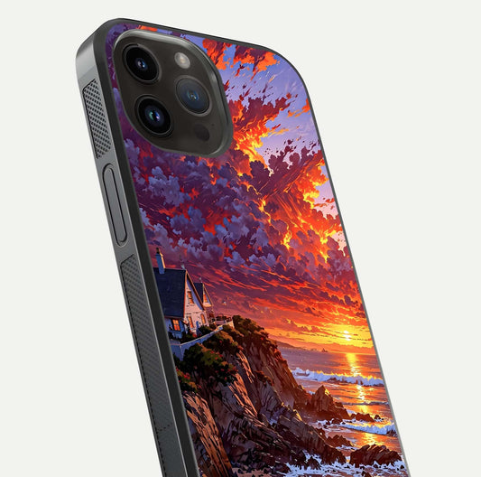 Sunset House by Sea Glass Case for iPhone 14 Pro Max close-up angled shot highlighting sunset tones and water glow