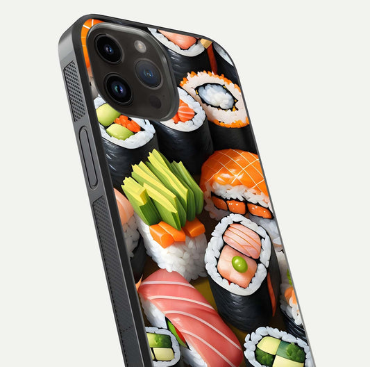 Sushi Food Pattern Glass Case for iPhone 14 Pro Max close-up angled shot highlighting colorful sushi prints and reflection