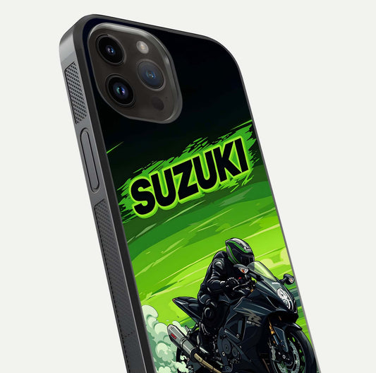 Suzuki Speed Beast Glass Case for iPhone 14 Pro Max close-up angled shot highlighting bold tones and reflection