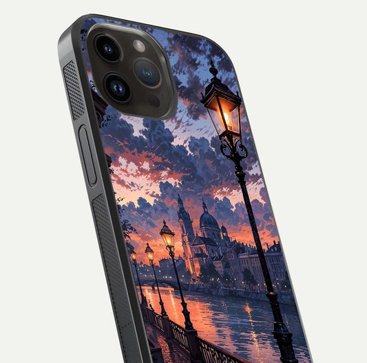 Twilight River Lights Glass Case for iPhone 14 Pro Max close-up angled shot highlighting river reflections and color tones