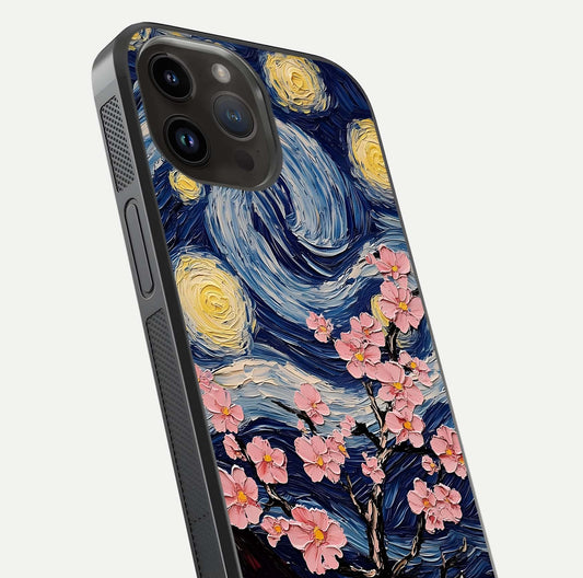 Van Gogh Scenery Glass Case for iPhone 14 Pro Max close-up angled shot highlighting brushwork texture and color depth