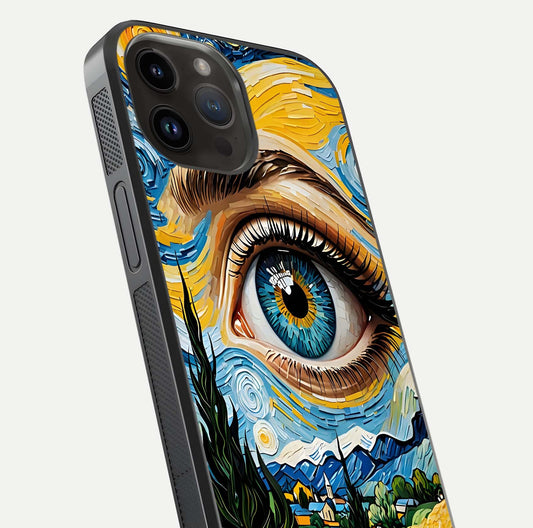 Van Gogh Eye Glass Case for iPhone 14 Pro Max close-up angled shot highlighting color blend and gloss reflection