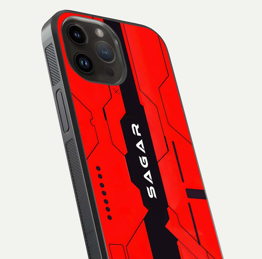 Voltage Rise CYBERPUNK Custom Name Glass Case for iPhone 14 Pro Max close-up angled shot highlighting neon glow and reflection