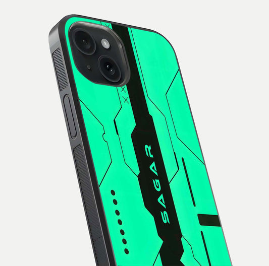 Aqua Tech CYBERPUNK Custom Name Glass Case for iPhone 15 close-up angle showing futuristic blue lights and reflections