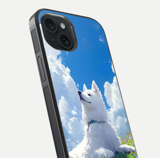 Blissful Cloud Pup Glass Case for iPhone 15 close-up image highlighting puppy details and glossy reflection