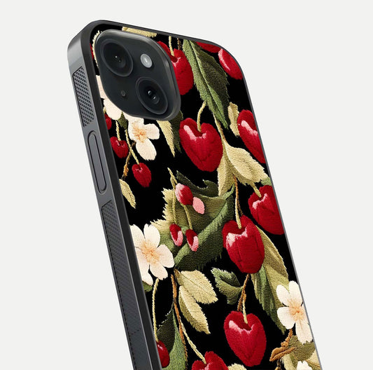 Bloom Thread Art Glass Case for iPhone 15 close-up view highlighting fine line details and glossy shine