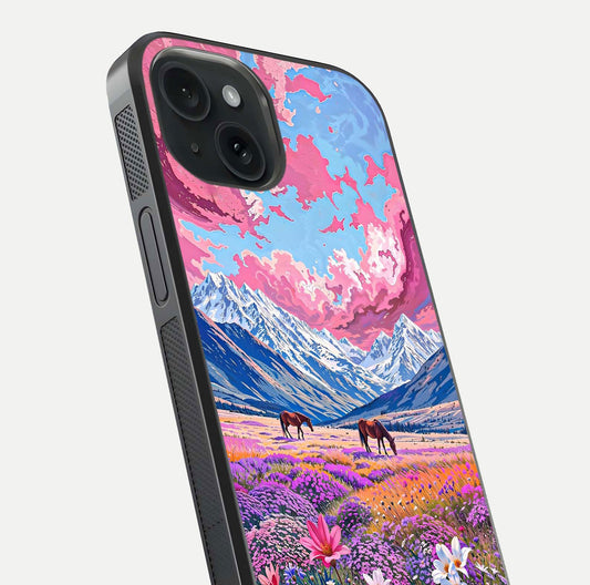 Blossom Valley Dream Glass Case for iPhone 15 close-up view showing detailed flower print and pastel hues
