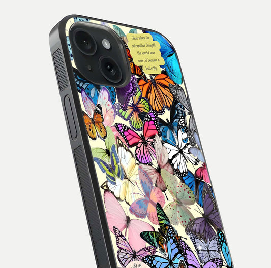 Butterflies Petal Dream Glass Case for iPhone 15 close-up highlighting butterfly wings and pink petal gloss