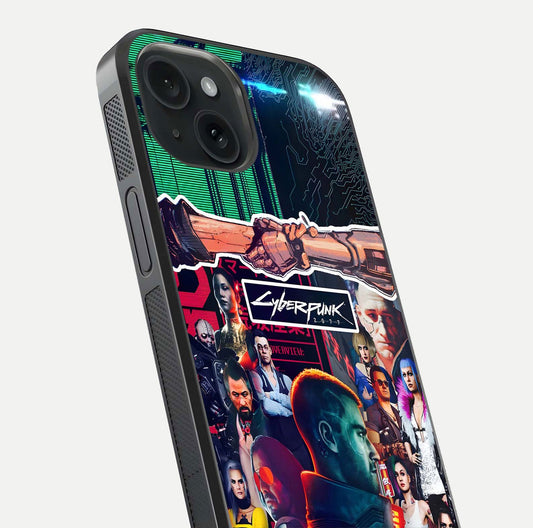 CYBERPUNK Legacy Glass Case for iPhone 15 close-up highlighting circuit texture and reflection tone