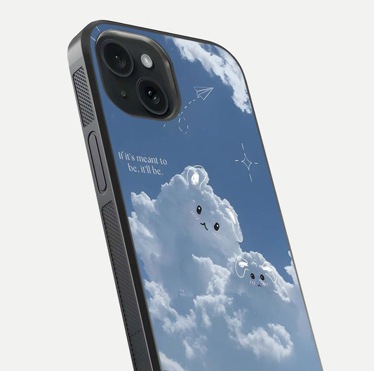 Cloud Bunny Dreams Glass Case for iPhone 15 close-up showing bunny art, dreamy clouds, and HD shine