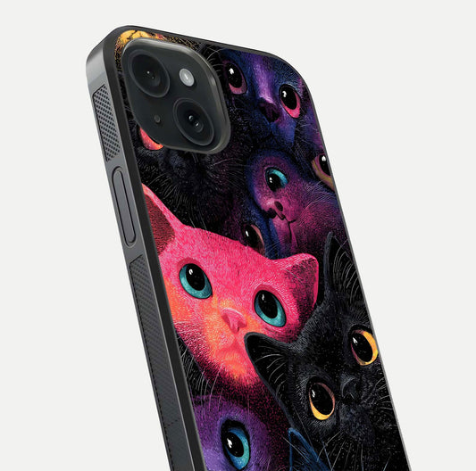 Cosmic Cats Dreams Glass Case for iPhone 15 close-up highlighting cats and cosmic glow reflection