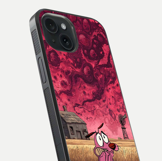 Courage Under Sky Glass Case for iPhone 15 close-up highlighting typography and HD reflection