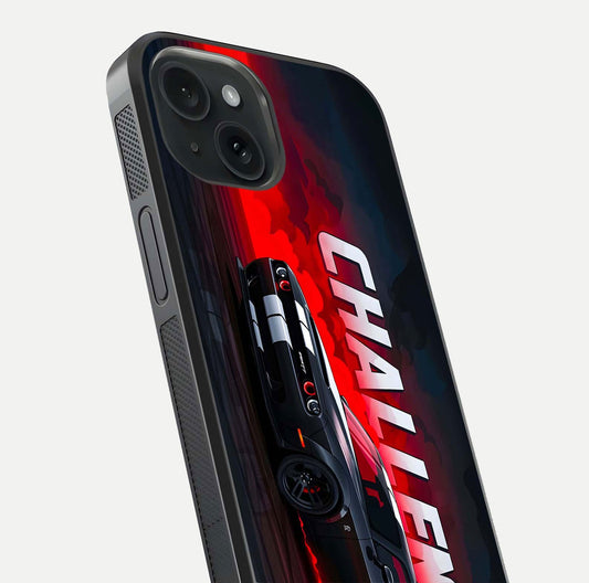 Crimson Challenger Fury Glass Case for iPhone 15 close-up highlighting car details and reflection depth
