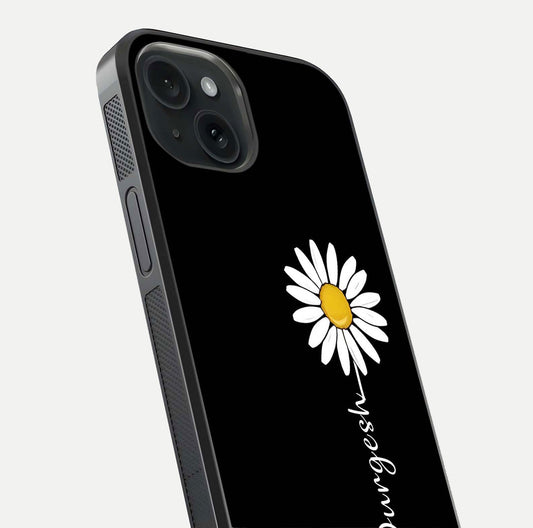 Custom Name White Flower Glass Case for iPhone 15 close-up highlighting petals, name print, and reflection polish