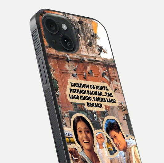 Desi Retro Vibes Glass Case for iPhone 15 close-up highlighting retro color palette and reflection glow