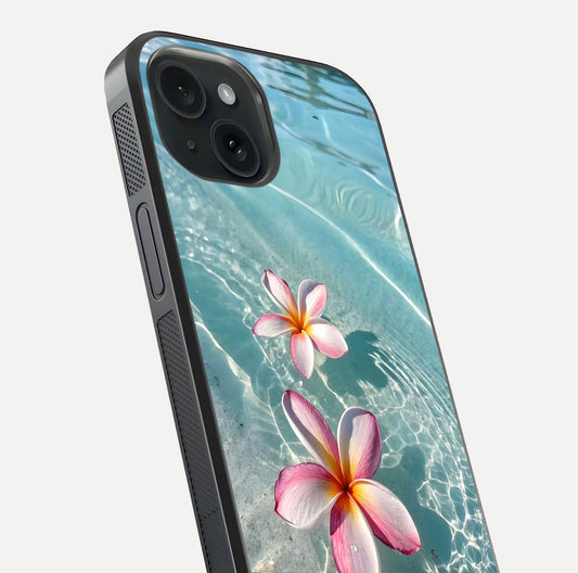 Floating Bloom Bliss Glass Case for iPhone 15 close-up highlighting petal detail and reflection tone