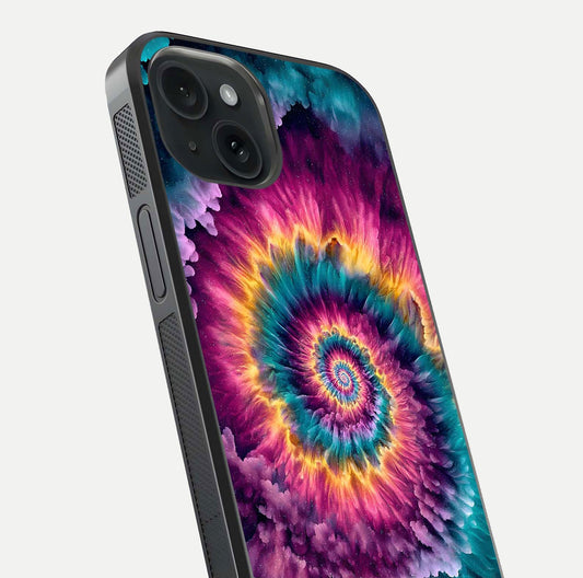Galactic Spiral Burst Glass Case for iPhone 15 close-up angled shot showing spiral burst detail, neon tones, and glossy reflection