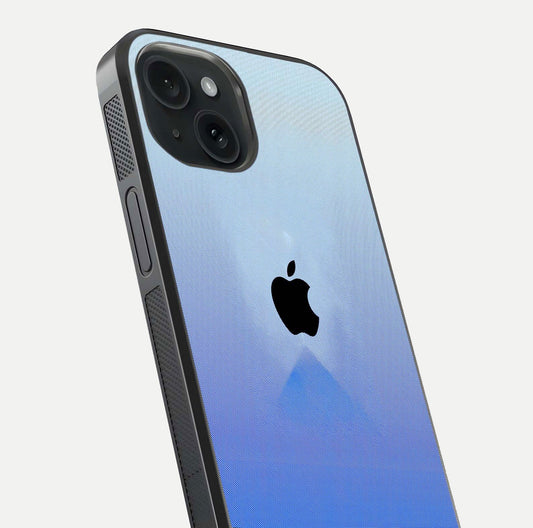 Gradient Apple Vibe Glass Case for iPhone 15 close-up angled shot showing color transition and reflection brightness