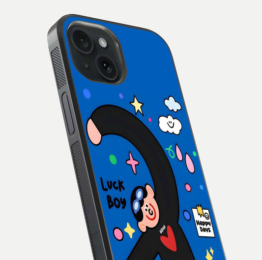 Happy Luck Vibe Glass Case for iPhone 15 close-up angled shot showing color details and reflection shine