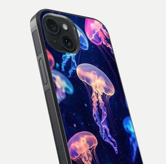 Jellyfish Pattern Glass Case for iPhone 15 close-up angled shot showing translucent tentacles and light reflection