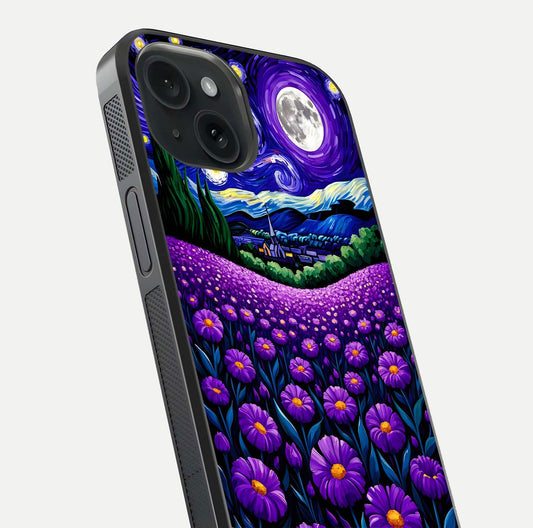 Lavender Moon Field Glass Case for iPhone 15 close-up angled shot showing moon glow and purple detailing