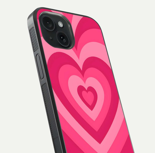 Layered Love Hearts iPhone 15 glass phone case angled back view highlighting heart artwork and textured grip edges