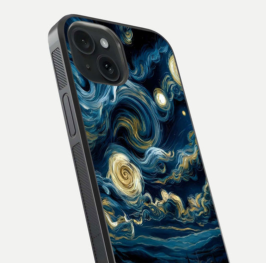 Midnight Sky Whirl Glass Case for iPhone 15 close-up angle showing spiral design and HD gloss reflection