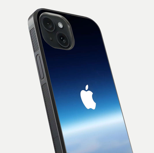 Minimal Apple Sky Glass Case for iPhone 15 close-up angled shot showing pastel blue hues and reflection