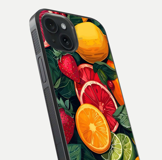 Multiple Fruits Glass Case for iPhone 15 close-up angled shot showing fruit texture and HD gloss shine