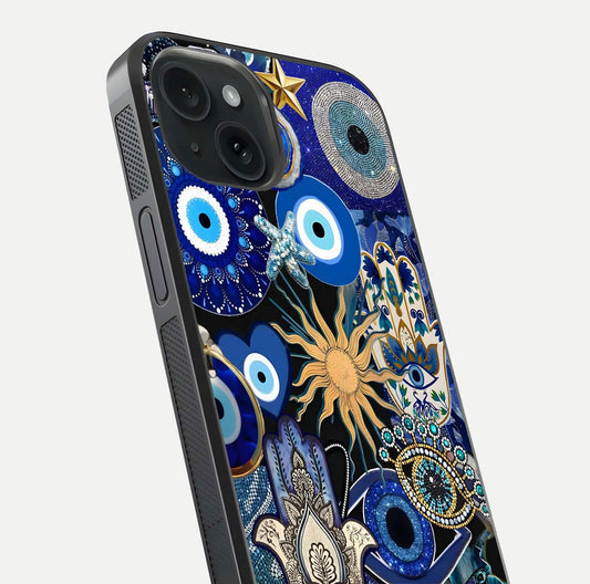 Mystic Blue Evil Eye Glass Case for iPhone 15 close-up angled shot highlighting mystical glow and HD reflection