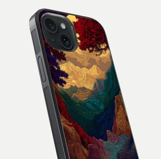 Mystic Valley Light Glass Case for iPhone 15 close-up angled shot highlighting gradient sky and reflection