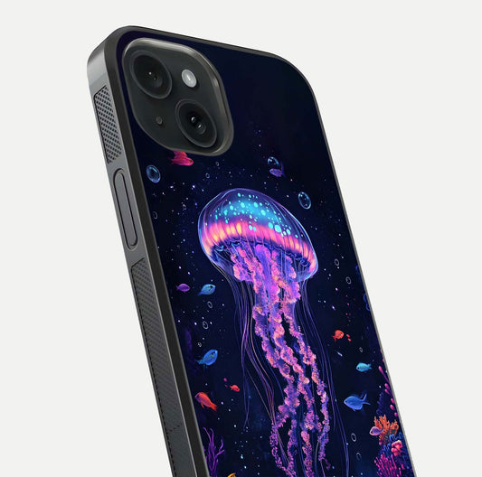 Neon Jellyfish Glass Case for iPhone 15 close-up angled shot showing translucent jellyfish and shine reflection