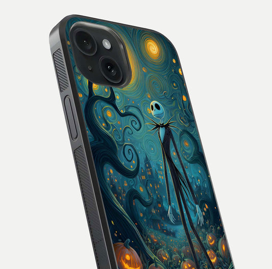 Pumpkin Moonlight Tale Glass Case for iPhone 15 close-up angled shot highlighting reflection and vibrant glow