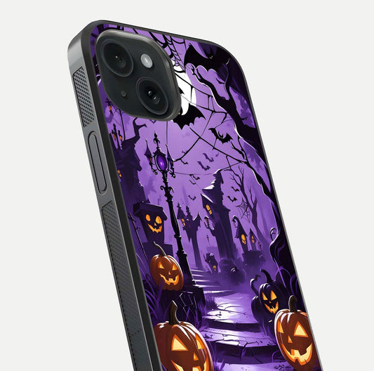 Pumpkin Patch Halloween Glass Case for iPhone 15 close-up angled shot highlighting pumpkin texture and shine