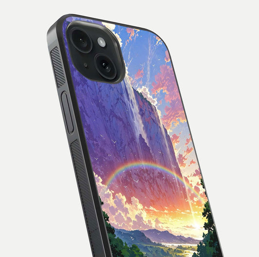 Rainbow Valley Dream Glass Case for iPhone 15 close-up angled shot highlighting gradient tones and HD shine