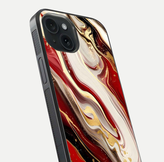 Red & White Marble Glass Case for iPhone 15 close-up angled shot highlighting fine marble veins and reflection