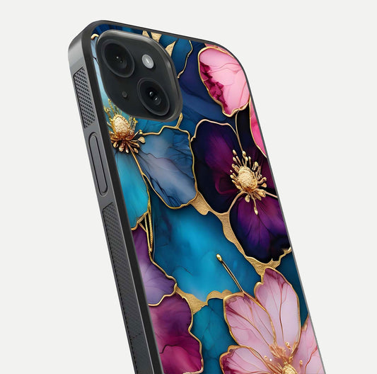 Sparkle Floral Glass Case for iPhone 15 close-up angled shot highlighting shimmer details and reflection