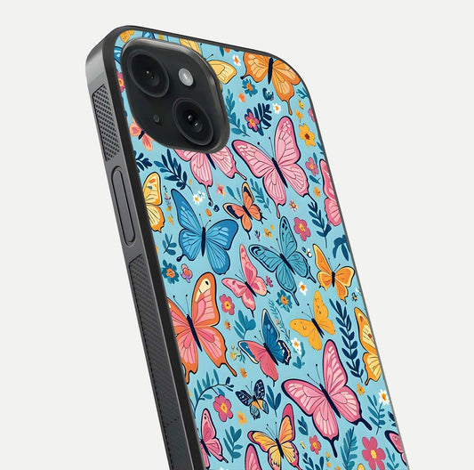 Spring Wing Garden Glass Case for iPhone 15 close-up angled shot highlighting petal details and reflection
