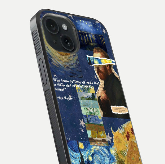 Starry Dream Vision Glass Case for iPhone 15 close-up angled shot highlighting cosmic light and reflection