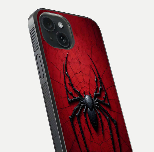 Venom Web Emblem Glass Case for iPhone 15 close-up angled shot highlighting sharp logo lines and reflection