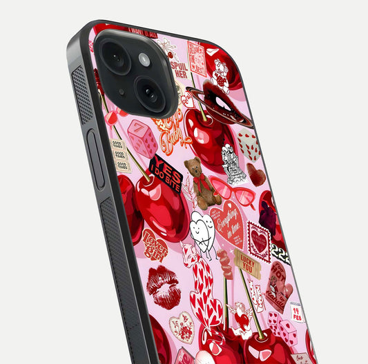Sweet Cherry Chaos Glass Case for iPhone 15 close-up angled shot highlighting red tone contrast and reflection