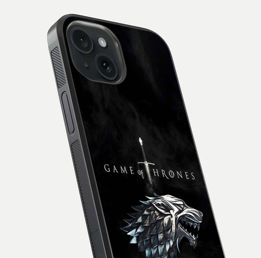 Throne Wolf Legacy Glass Case for iPhone 15 close-up angled shot highlighting fur texture and reflection