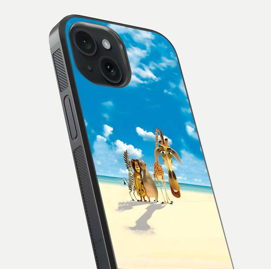 Tropical Fun Squad Glass Case for iPhone 15 close-up angled shot highlighting vibrant tones and texture
