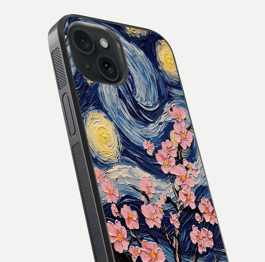 Van Gogh Scenery Glass Case for iPhone 15 close-up angled shot highlighting brushwork texture and color depth